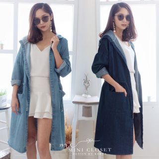 Maxi Hood Jeansเสื้อคลุมยีนส์ตัวยาว ผ้ายีนส์แท้ฮู้ด กระเป๋าข้าง รูดเอวได้ ดูชิค สตรีทลุค