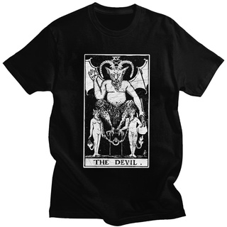 เสื้อยืดแขนสั้น ผ้าฝ้าย พิมพ์ลาย Gorgeous The Baphomet Devil Tarot Card สําหรับผู้ชาย DF12HJ41546