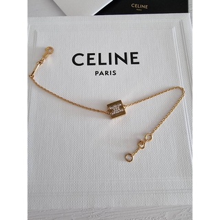 (ผ่อน0%) สร้อยคอ อะไหล่ทอง New CELINE  TRIOMPHE CUBE BRACELET WITH GOLD FINISH AND CRYSTALS GOLD