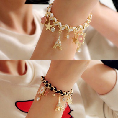กำไลข้อมือเกาหลี รูปหอไอเฟล ดาว ดอกไม่ ห้อยเพชร สร้อยข้อมือ สร้อยข้อมือเชือก เครื่องประดับ ผู้หญิง เกาหลี B46