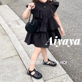 Aiyaya เดรชเด็กผู้หญิง ชุดเอวลอยเด็กผู้หญิง ชุดนัวเนียสีดำชุดเดรสสไตล์เกาหลี（264）