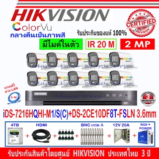 Hikvision ColorVu ชุดกล้องวงจรปิด 2MP รุ่น DS-2CE10DF8T-FSLN 3.6(10)+DVR iDS-7216HQHI-M1/S(C)(1)+อุปกรณ์ชุด 4H2JBP/AC