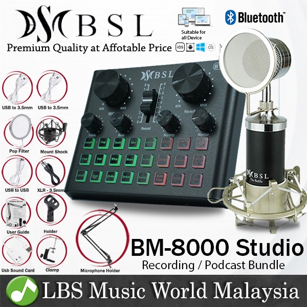 BSL BM-8000 Studio Mic พร้อม V8 Plus การ์ดเสียง USB บลูทูธสําหรับการบันทึกสดแพคเกจไมโครโฟน (BM8000)