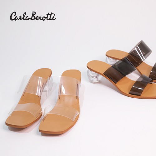CARLA_BEROTTI รองเท้าผู้หญิง ส้นแก้วกลม คาดหน้าใส (งานพรีเมี่ยม) สูง 2 นิ้ว รุ่น AJ02 สีใส