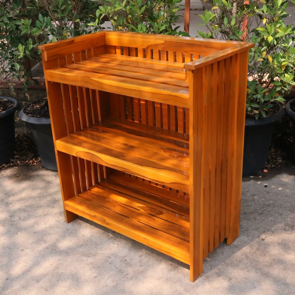 SLK ชั้นวางของ วางของใช้ในบ้าน งานไม้สัก แบบซี่ 3 ชั้น สีย้อมส้ม desk 📌จัดส่งฟรี📌