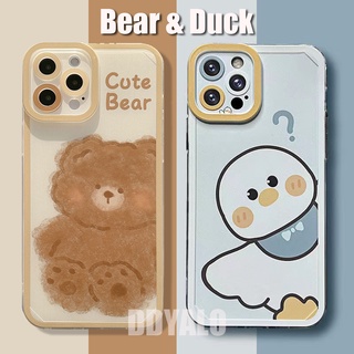 เคสโทรศัพท์มือถือแบบนิ่ม TPU ใส กันรอยกล้อง ลายการ์ตูนเป็ดแองเจิล หมีบราวน์น่ารัก สีมาการอง สําหรับ Samsung A03 A03S A13 A12 A02S A21S A22 A32 A52S A72 A12 M12 A31 M52 A50 J2Prime
