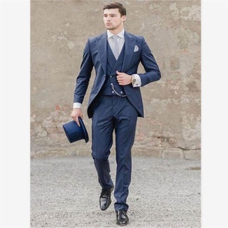 ใหม่ผู้ชายชุด Smolking Noivo Terno Slim Fit Easculino ชุดราตรีชุดสำหรับชาย Navy Blue Lapel Casual Party ล่าสุดธุรกิจ