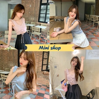 Mini shop🌸พร้อมส่ง🌸 (86030)  เสื้อกล้ามไหมพรม ผ้าร่องสีน่ารักดีเทล ปรับสั้นยาวได้