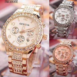 เฟรสโซนีย์เจนีวาหรูหราสตรี Rhinestone สเตนเลสสตีลนาฬิกา Quartz Analog Wrist Watch