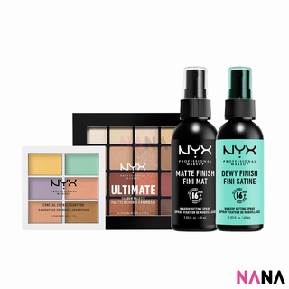 NYX Professional Makeup Bestsellers (Matte Finish Long Lasting Setting Spray / Dewy Finish Long Lasting Setting Spray / Color Correcting Concealer Palette / Ultimate 16 Colors Eye Shadow Palette - 03 Warm Neturals)