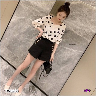 MF8968  Set 2 ชิ้น เสื้อคอเหลี่ยม แขนตุ๊กตาลายจุดไหญ่ ผ้าไหมอิตาลี่