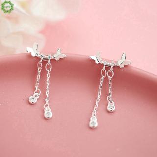 Cod Qipin Double Silver Butterfly Long Tassel Earrings Fairy Ear Stud for Girl Women