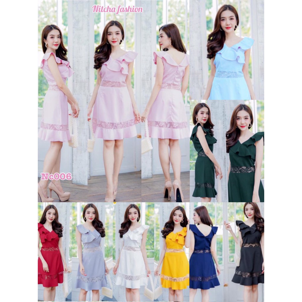 ืNCB006เดรสคอระบาย แต่งลูกไม้ (สาวไซส์ปกติ-สาวอวบ)