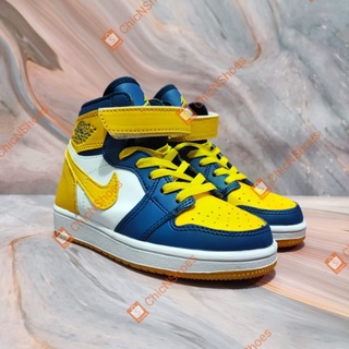 Nike air jordan 1 รองเท้าผ้าใบ ลําลอง สีฟ้า สีเหลือง สีขาว สีน้ําเงิน สําหรับเด็ก