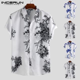 INCERUN เสื้อเชิ้ตแขนสั้นพิมพ์ลายดอกไม้ลำลองสำหรับผู้ชาย