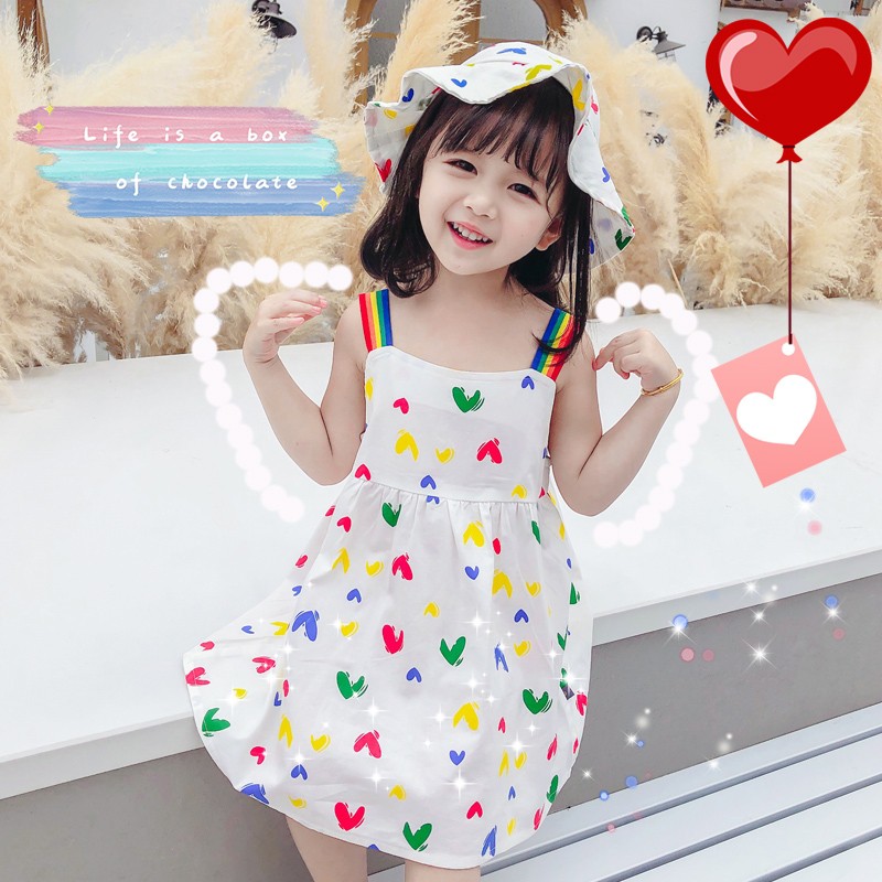 NANA พร้อมส่ง X55206ชุดเด็กผู้หญิง เดรสแขนกุด ชุดกระโปรงเด็กพิมพ์ลายหัวใจ พร้อมหมวก แฟชั่นฤดูร้อน สําหรับเด็กผู้หญิง