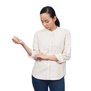 Han&amp;Co.Mandarin Stripe Long Sleeve-Beige เสื้อเชิ้ตคอจีนแขนยาวลายทางสีBeige(สีครีม) (Women)