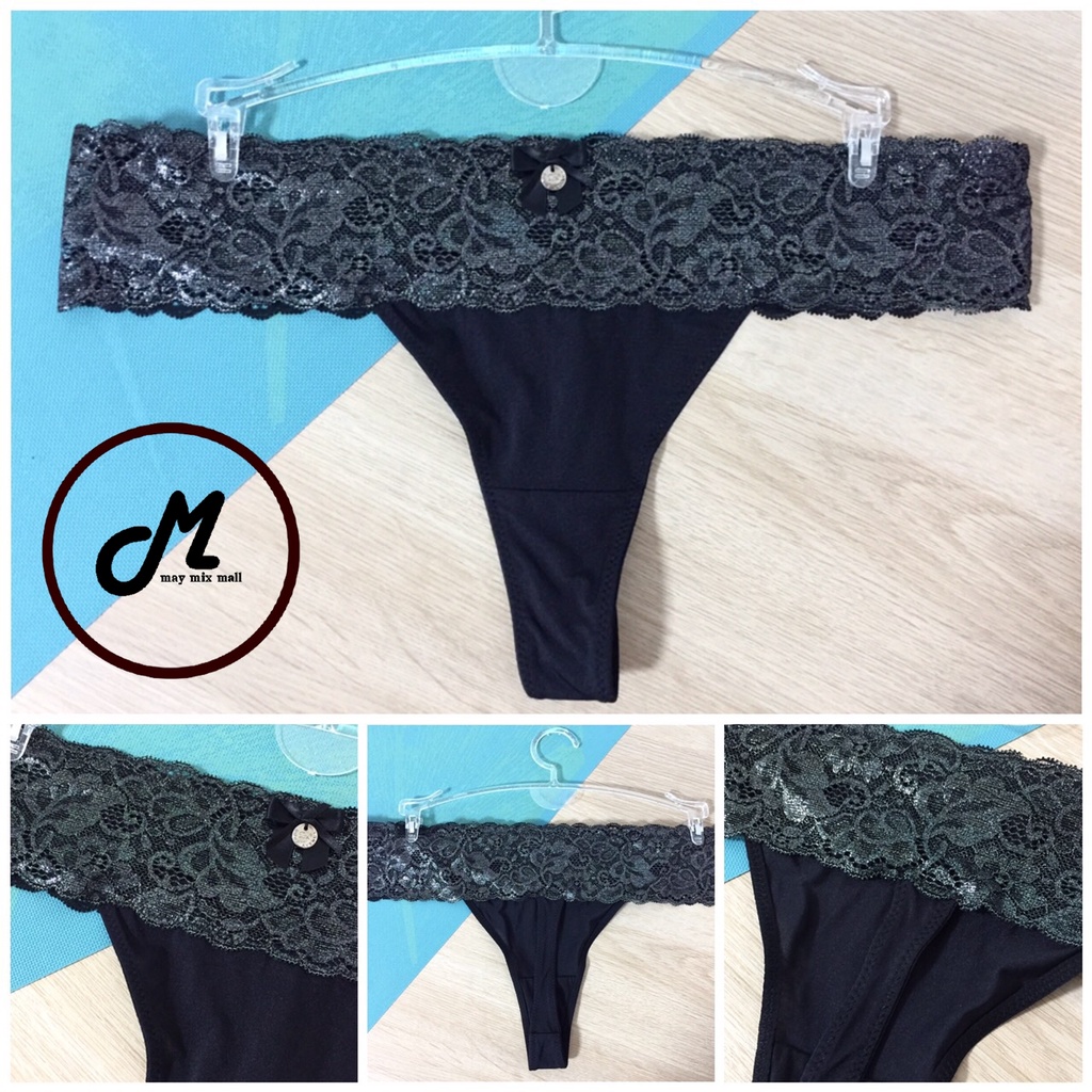 MG7-054(B7-G084-123)จีสตริงสีดำผ้านิ่มลื่น,ขอบเอวแต่งด้วยยางแบบลูกไม้สีดำวิ้งเงิน,ไซส์L,เอว30ยืดได้4