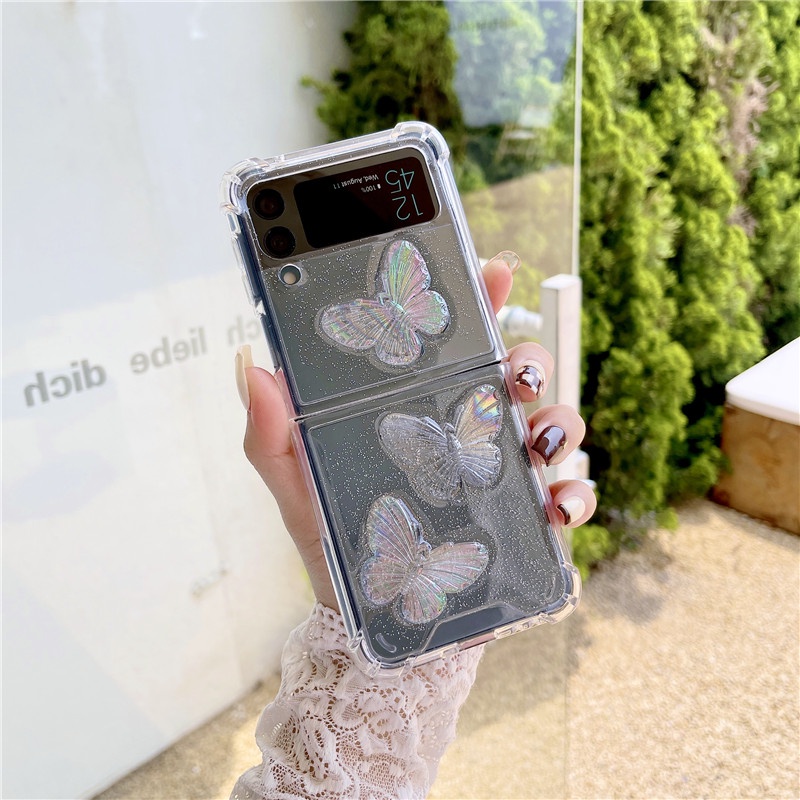 3D เลเซอร์คริสตัลสีสันสดใสผีเสื้อปลอก Samsung Galaxy Z Flip 3 5G Flip3 Zflip3 Glitter Powders Clear 