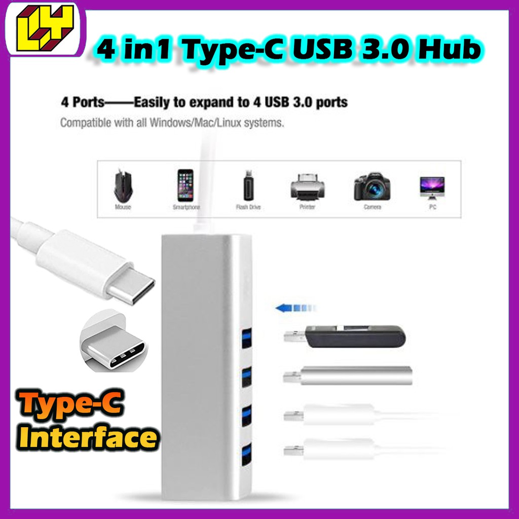Type-C USB Hub USB 3.0 ความเร็วสูง 4 in 1 Hub Type-C/USB 3.0 HUB USB Type-C ถึง 4-Port USB 3.0 Hub พ