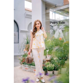 💖งานป้าย Pairy Tale💖 เซตขายาว เสื้อแขนกุดคอปกใหญ่ ปักลายดอกไม้สีเหลืองตัดต่อผ้าลูกไม้ฉลุลาย