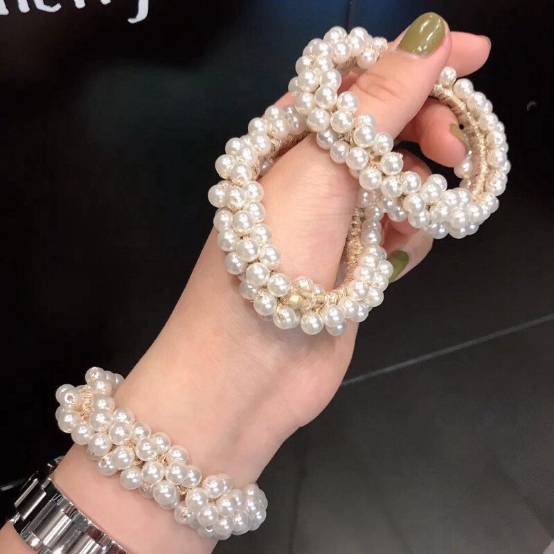 (พร้อมจัดส่งไทย) ยางรัดผมประดับไข่มุกสีทองหรูหรา Pearl รูปที่ 5