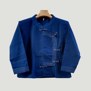 เสื้อผ้าฝ้าย ผู้หญิงคอจีนไทลื้อป้ายกระดุมตะกร้อด้นด้ายสี เดินเส้นโดดเด่น ทรงเข้ารูปสวยแขนสามส่วนแนวล้านนาประยุกต์