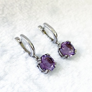 L6434 ต่างหูพลอยอเมทิสต์แท้ ( Amethyst ) แบบอิงลิชล็อค ตัวเรือนเงินแท้ 925 ชุบทองคำขาว