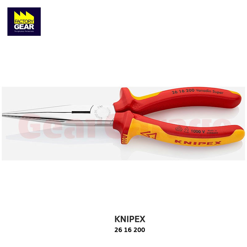 คีมปากแหลมด้ามกันไฟ KNIPEX NO.26 16 200 Snipe Nose Side Cutting Pling Pliers (200mm.)   Factory Gear By Gear Garage