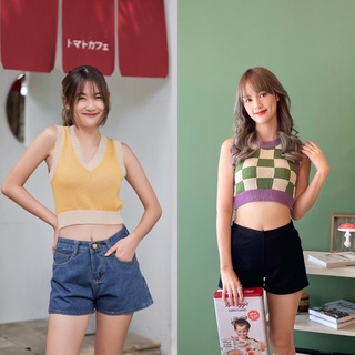 พร้อมส่ง: เสื้อแขนกุด 2 สไตล์เกาหลี ทอลายตารางหมากรุก แขนกุดสีเหลือง