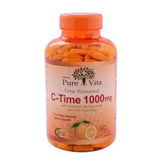 🍊หมดอายุ 04/25 Vitamin C Time 1000 mg. Pure Vita. วิตามินซี time-release ดูดซึมได้ยาวนาน 8-10 ชั่วโมง 250 เม็ด