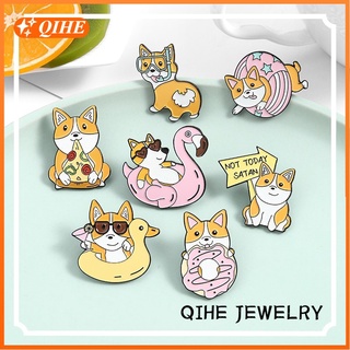 Cartoon Corgi Cute Pin Summer Vacation Flamingo Swimming Ring Seabed Diving Lapel Pins Corgi Butt Brooch Gift  for Dog Pet Lover