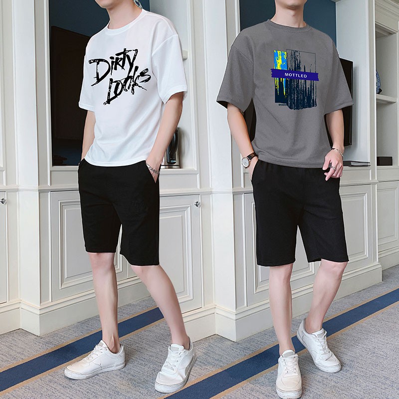 เสื้อยืดแขนสั้นกางเกงขาสั้นชุดกีฬาสําหรับผู้ชาย-