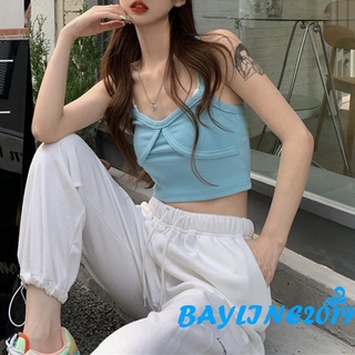 Bay- เสื้อครอปท็อปคอวีแขนกุดสีพื้นสีฟ้า / สีขาว / สีดํา / สีเหลืองสําหรับผู้หญิง