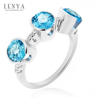 Lenya Jewelry แหวนพลอยบูลโทพาส(Blue Topaz) ดีไซน์แปลกไม่เหมือนใคร บนตัวเรือนเงินแท้ชุบทองคำขาว