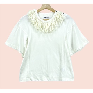 เสื้อ MA=URA ผ้ายืดคอตต้อนอย่างดี  เสื้อยืดทรงสวยสวยมาก งานดีเทลสวย ตัดเย็บสวยมาก แต่งผ้าขนที่คอสวยมาก บ่าแต่งกระดุมสวย