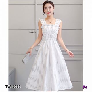 &lt;TW10963&gt;dress เดรสอกสม็อค ผ้าโฟร์เวย์ลายริ้วทั้งชุด มีซับใน ใส่สบาย ใส่เที่ยว