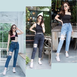 🛍🛒 Panny Jeans กางเกงเอวสูงทรงขากระบอกเล็ก กระดุม1เม็ด ขาปล่อย ดีไซน์แต่งขาดหน้าเซอร์ เนื้อผ้าดีใส่สบาย