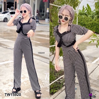 TW15920 Jumpsuit จั้มสูทขายาว ผ้าบลูเวฟ ลายชิโนริ ผ้ายืด เรียบหรู ดูแพง ด้านหลังผูกโบว์ งานสวย