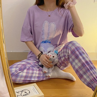 ชุดนอนเสื้อแขนสั้น กางเกงขายาว ลายกระต่ายน่ารัก แฟชั่นฤดูร้อน สไตล์เกาหลี สําหรับผู้หญิง