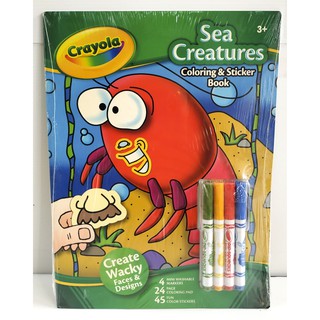 Crayola Sea Creatures Coloring &amp; Sticker Book หนังสือระบายสี สติ๊กเกอร์ พร้อม สี Marker (ล้างออกได้) 4 สี