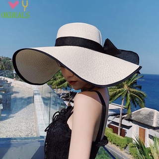 Hurber Womens Straw Foldable Bucket Hat Wide Brim Sun Protection Hat Summer Beach Cap