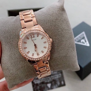 (ผ่อน0%) นาฬิกา GUESS Womens U0445L3 Rhinestone-Accented Rose Gold-Tone Stainless Steel Watch 28 mm. สแตนเลส สีโรสโกลด์