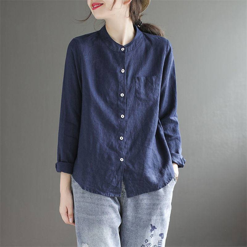 DX Art Retro ผ้าฝ้ายผ้าลินิน Stand-Up Collar เสื้อแขนยาวผู้หญิงฤดูใบไม้ผลิฤดูใบไม้ร่วงสไตล์บางหลวม Slimmer ดูสีทึบสบายๆผ้าลินินฤดูร้อน
