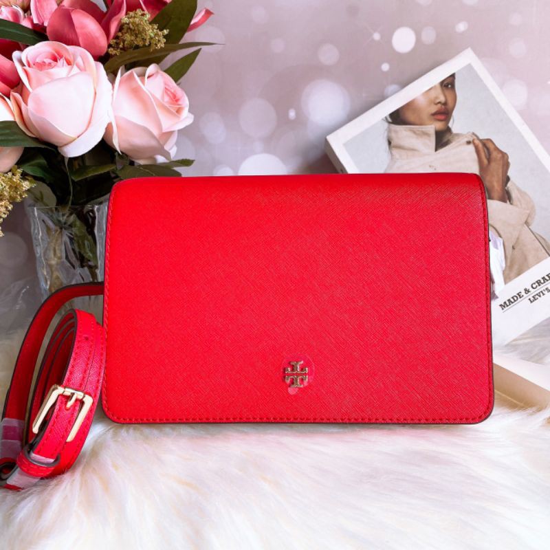 🎀 (สด-ผ่อน) กระเป๋าสะพาย สีแดง Brilliant Red 58440 Tory Burch Emerson Saffiano Leather Combo CrossBo