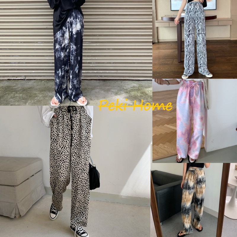 🚀พร้อมส่ง🚀 กางเกงขายาวลําลอง เอวยางยืดทรงหลวม กางเกงขายาวผู้หญิงแฟชั่น กางเกงพิมพ์ลาย