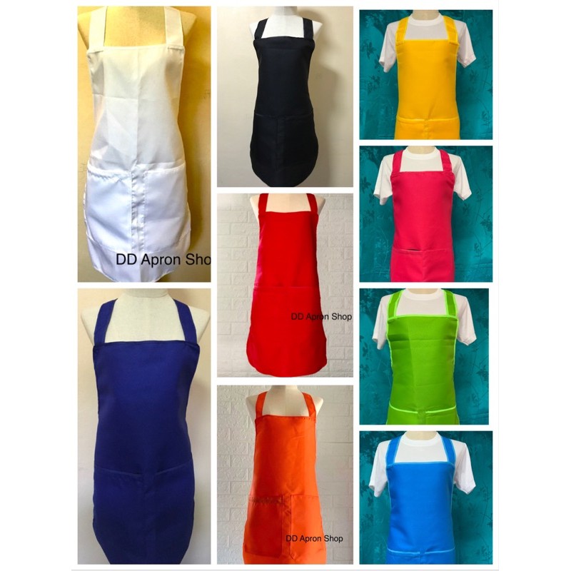 (ขายส่ง)ผ้ากันเปื้อนสีพื้น แบบ 2 กระเป๋า 1 ซิป กุ๊นขอบสีเดียวกับตัวผ้า