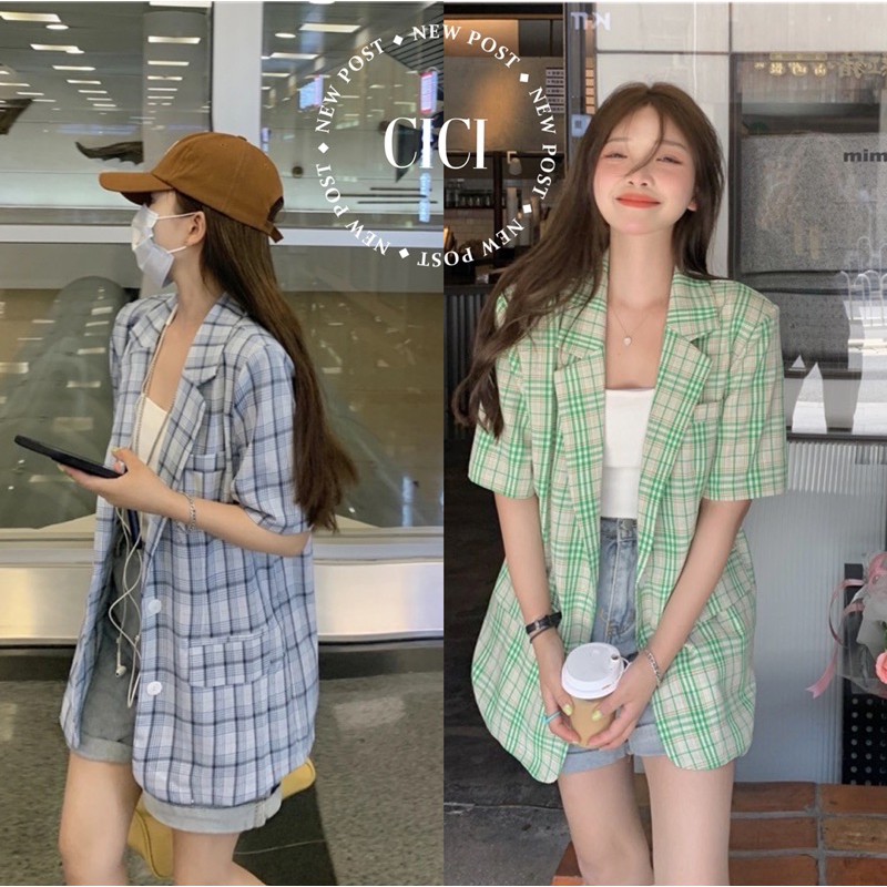 ส่งทันที Cici(NO. 2153)เสื้อสูทแขนสั้น คอปกพิมพ์ลายสก๊อตสุดฮิต งานผ้าฝ้ายใส่สบาย ครีปลุคแฟชั่นผู้หญิง สไตล์เกาหลี
