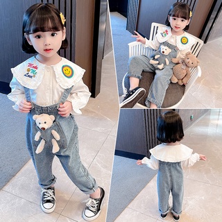 💗พร้อมส่ง🧸 ชุดเด็กผู้หญิง เสื้อผ้าเด็ก เอี๊ยมยีนส์+เสื้อแขนยาว+ตุ๊กตา ชุดเซ็ต 3 ชิ้น น่ารักตรงปก LLM 115