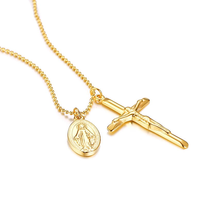 Vnox Choker Necklace for Women Girl Tag Coin Pendant Virgin Mary Cross Gold Tone
